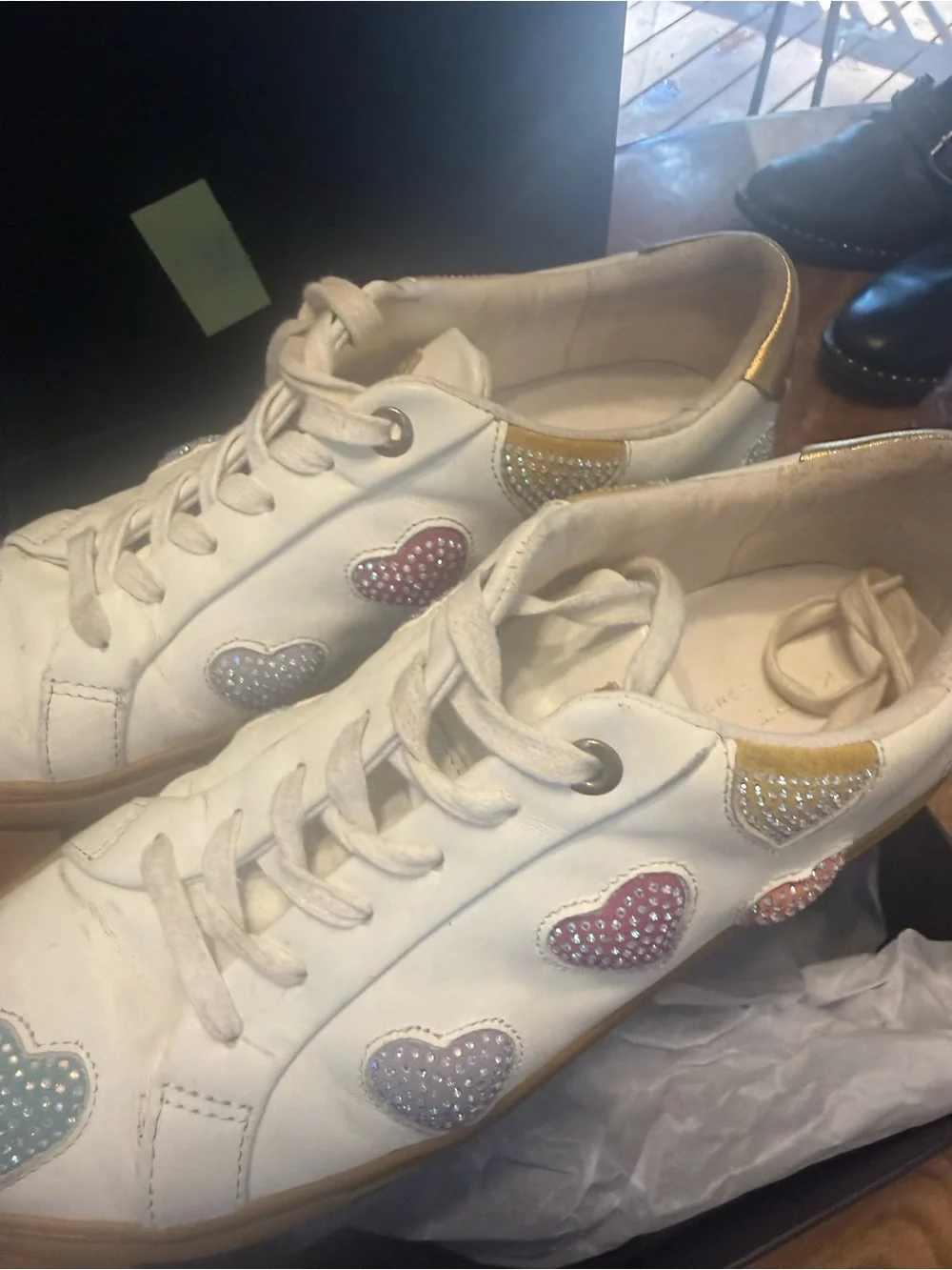 Kurt Geiger White Leather Sneakers with Pink, Gold & Silver Crystal Hearts